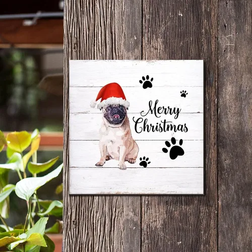 Vista 3 de Letrero de madera para perro con sombrero rojo, placa de pared rústica con reglas para mascotas, arte de pared colgante de granja, placa