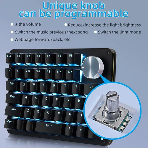 Vista 4 de Koolertron Teclado mecánico para juegos con una sola mano, teclado programable, perilla giratoria de 45 teclas retroiluminadas azulesinterruptores