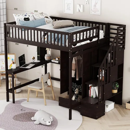 Vista 4 de Harper & Bright Designs Cama tipo loft de tamaño matrimonial con escritorio, marco de cama tipo loft de madera con armario, estantería y cajones