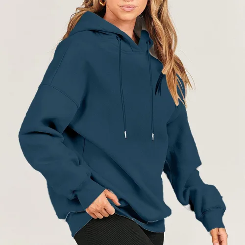 Vista 8 de Sudaderas de invierno para mujer, casual, color sólido, sudaderas con capucha y cordón de manga larga, camisas regulares