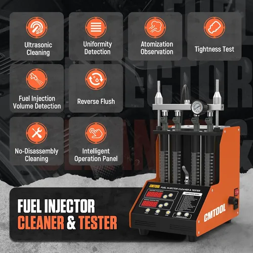 Vista 2 de CMTOOL Máquina limpiadora de inyector de combustible, kit de limpieza ultrasónica, 9 modos de prueba, limpiador y probador de inyector