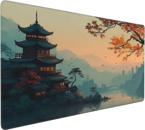 Vista 13 de Alfombrilla extendida para mouse, diseño de paisaje de pintura de tinta china, 35.4x15.7 pulgadas, tapete para teclado de juegos con bordes cosidos