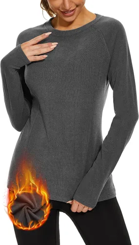 Vista 20 de WOWENY Camisas térmicas para mujer, forro polar, manga larga, capa base, parte superior de invierno Azul bebé