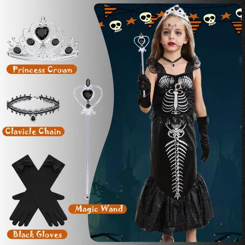Vista 3 de Disfraz de esqueleto de sirena para niñas, vestido negro de princesa Ariel, disfraz de Halloween con accesorios