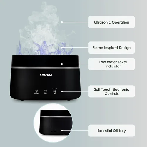 Vista 2 de AquaFlame Humidificador ultrasónico (0.75 litros) - Humidificador con tecnología de vibración con difusor de aceite esencial - Diseño de mesa