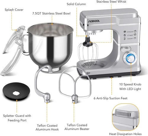 Vista 3 de Batidora de pie de 7.5QT, mezclador eléctrico de cocina de cabeza Plateado