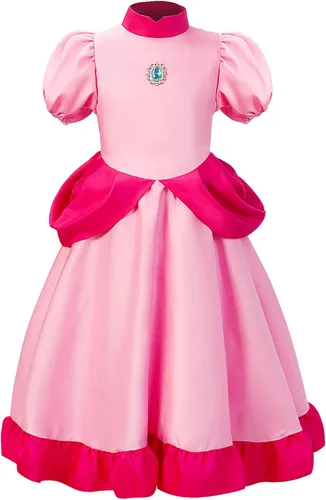 Vista 3 de Ladhow Disfraz de princesa melocotón para niñas, vestido rosa con accesorios para Halloween