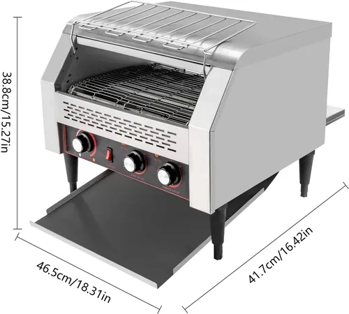 Vista 3 de Tostadora transportadora comercial de acero inoxidable de 2600 W, tostadoras industriales resistentes de 450 rebanadas/hora con tubos de calefacción