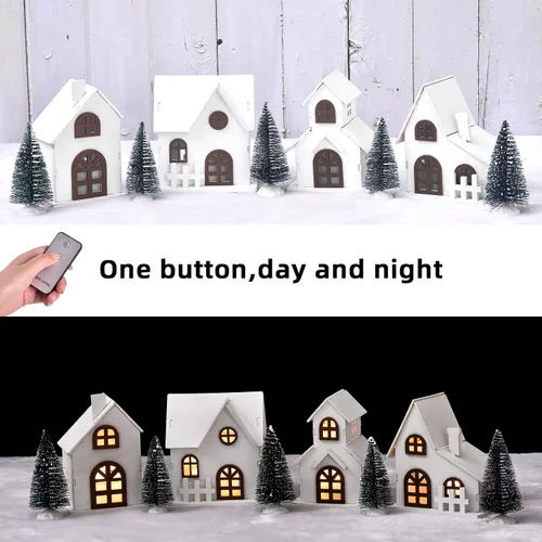 Vista 3 de Ovootok Juego de Esculturas Navideñas de Madera y Plástico, 9 piezas, Incluye 4 Casas con Iluminación LED y 5 Árboles Escarchados para Decoración