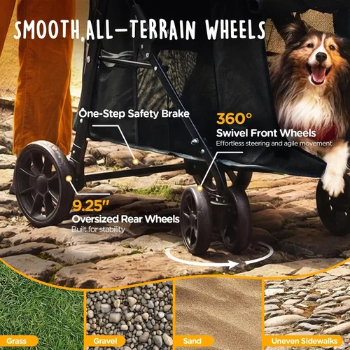 Vista 5 de CANINE CANYON Scout - Cochecito para mascotas, diseño de 4 ruedas para perros pequeños/medianos, plegable con un botón, ventanas y persianas de Negro