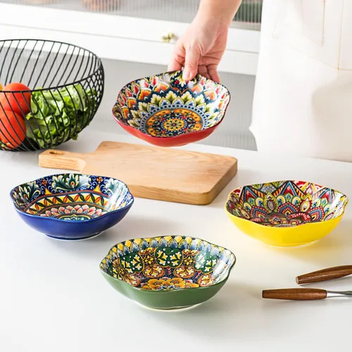 Vista 3 de Henten Home Juego de 4 cuencos de cerámica para ensalada de 20 onzas, coloridos cuencos para aperitivos, estilo bohemio, aptos para helados, frutas