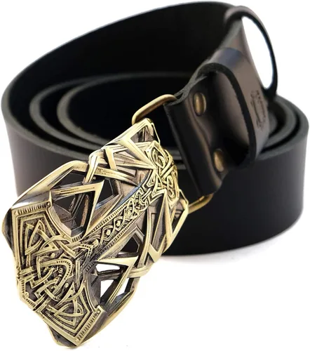 Vista 4 de Leather belt with buckle Thor's Hammer, Scandinavian Old Norse Viking Mjolnir solid brass belt buckle on belt
