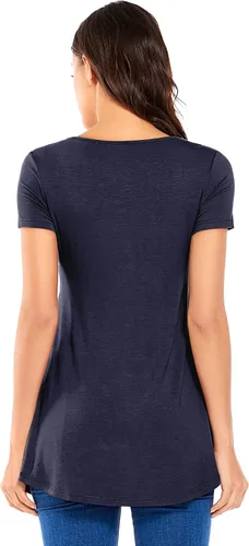 Vista 5 de POSHGLAM Camisetas de maternidad para mujer, cuello redondo, ropa de embarazo fruncida con acento de botón