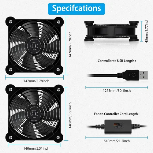 Vista 7 de Paquete de 5.512 in, mini ventilador USB para computadora, control de múltiples velocidades, reducción de calor para router, consola de juegos, caja