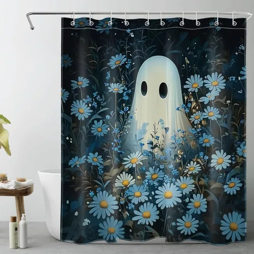 Vista 61 de HVEST Cortina de ducha con ganchos, calabaza espeluznante y fantasma con sombrero de bruja negro, juego de cortina de ducha naranja con flores