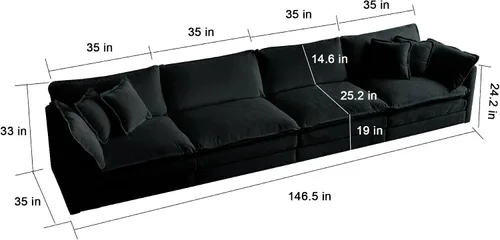 Vista 6 de Sofá modular modular en forma de U de 5 plazas convertible con otomana, sofá de nube, cama L para sala de estar, dormitorio, apartamento, color negro