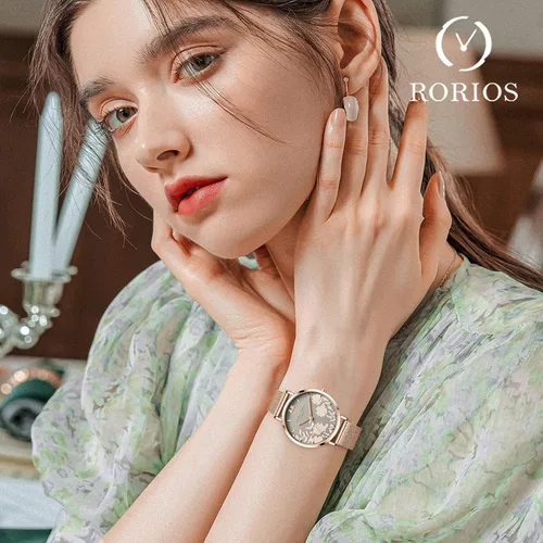 Vista 2 de RORIOS - Reloj de pulsera para mujer con esfera de flores y correa de malla de acero inoxidable analógico de cuarzo para mujer