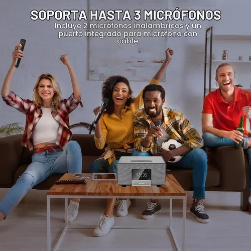 Vista 3 de Máquina de Karaoke RHM K222, Conexión a TV vía Óptica o Bluetooth, con Sonido Potente, Bajos Profundos, 2 Micrófonos Inalámbricos UHF y 5 Modos