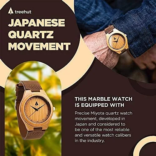 Vista 7 de Treehut Reloj de bambú de madera para hombre con correa de cuero genuino analógico de cuarzo..., Marrón Natural 1, Reloj de cuarzo