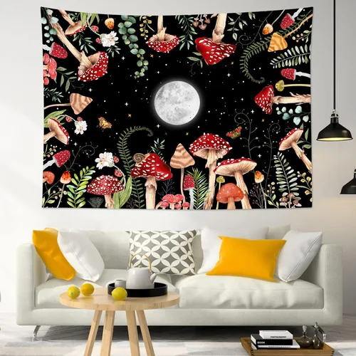 Vista 19 de HVEST Tapiz retro rojo de hongos para colgar en la pared, diseño floral rosa con fresa y mariposa en beige, tapiz para dormitorio, flores, plantas