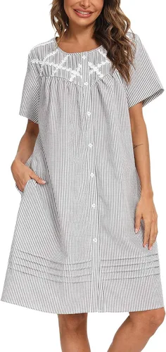 Vista 3 de AVIIER Vestido de casa para mujer, manga corta, abrigo de casa, bata con botones, ropa de dormir S-XXL