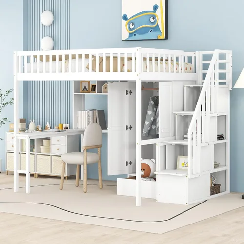 Vista 15 de Quarte Cama tipo loft única con cajones de almacenamiento y escaleras, cama alta de madera tamaño individual con estantes y barandillas, para niños