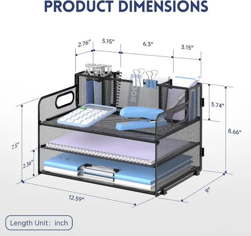 Vista 6 de SUPEASY Organizador de escritorio de 3 niveles con asa y 3 soportes para bolígrafos, organizador de papel/archivos de malla para escritorio