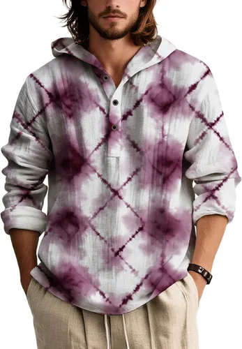 Vista 7 de Camisas de manga larga con estampado de teñido anudado para hombre, sudadera con capucha de 3 botones, sudadera retro cómoda con capucha