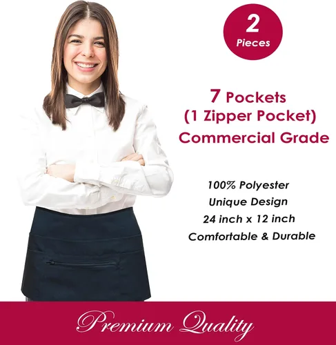 Vista 6 de Delantales de camarero con 7 bolsillos con bolsillo con cremallera (paquete de 2) - Delantales para mujeres y hombres - Medio delantal de cintura