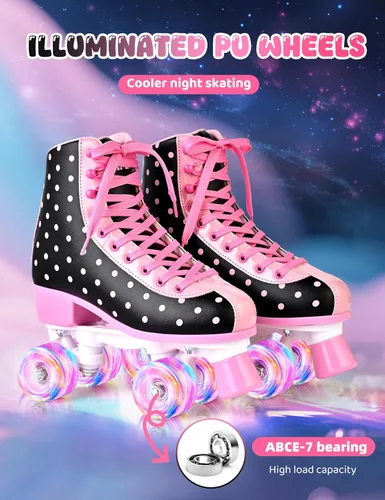 Vista 4 de SULIFEEL Patines de ruedas para niñas y mujeres con ruedas iluminadas y patrón de lunares, patines para niños y adultos para uso en interiores y al