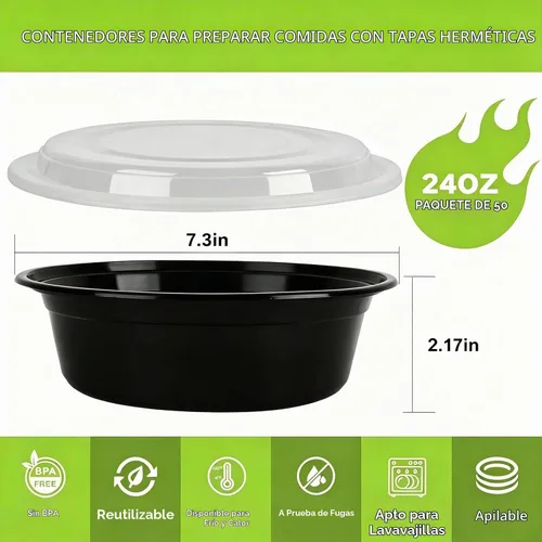 Vista 2 de Recipientes de preparación de comidas, paquete de 50 tazones redondos