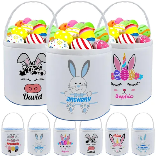 Vista 16 de Cesta de Pascua personalizada con nombre para niños, lona personalizada, cubo de Pascua, regalo para niños y niñas