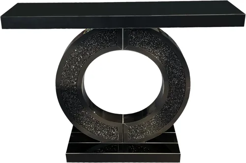 Vista 7 de SSLine Mesa de consola negra con espejo para sala de estar, mesa de entrada moderna de espejo de 43 pulgadas con base de cristal en forma de O