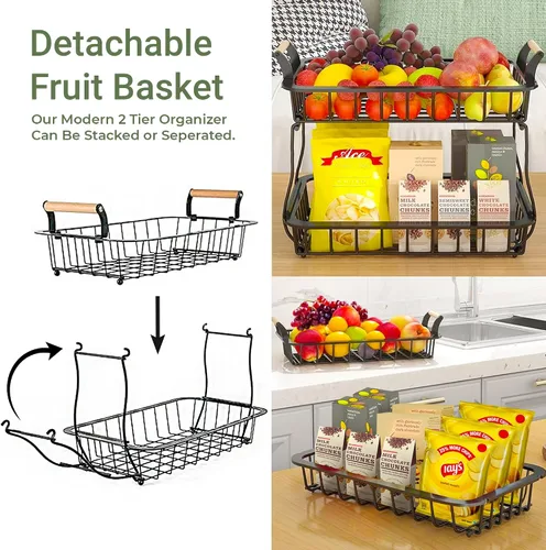 Vista 5 de DINEST Cesta de frutas de 2 niveles para encimera de cocina, organizador de almacenamiento de frutas y verduras de metal desmontable con mango