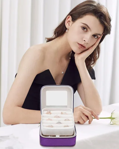 Vista 7 de V-LAFUYLIFE Organizador de joyas de viaje de terciopelo organizador de joyas portátil pequeño de 2 capas cajas de joyería para mujer organizador