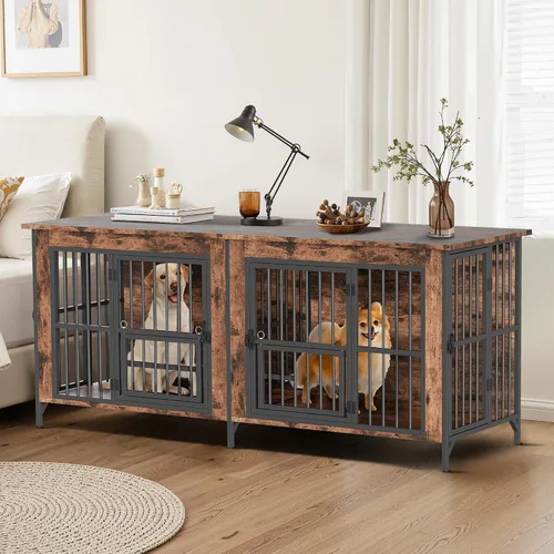 Vista 6 de Mueble de jaula para perros, jaula doble para perros con parte superior de almacenamiento y cuencos giratorios para alimentos, perrera decorativa