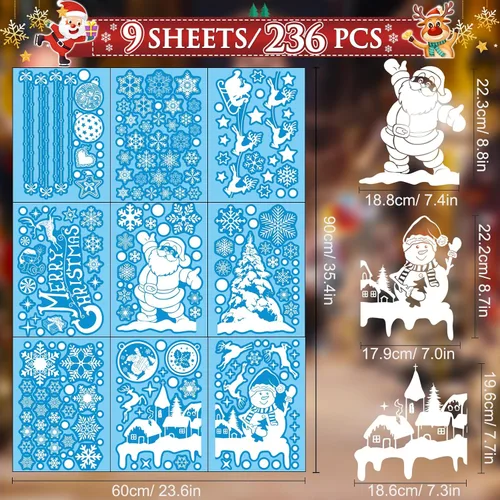 Vista 2 de 236 adhesivos de Navidad para ventana, 9 hojas de calcomanías de doble cara con copos de nieve, calcomanías de decoración navideña de muñeco