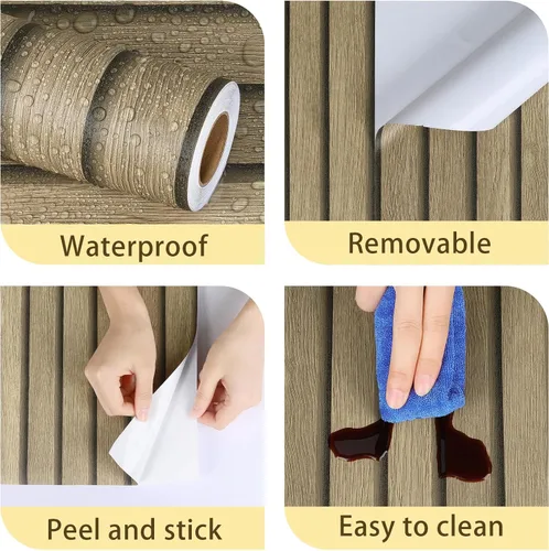 Vista 6 de Papel tapiz de listones de madera marrón claro, paneles de madera autoadhesivos, papel tapiz de rayas de grano de madera sintético, papel de 1
