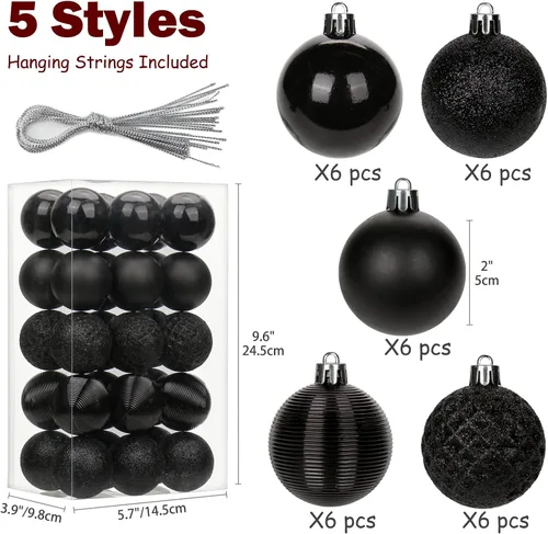 Vista 2 de 30 piezas de adornos de bola de árbol de Navidad irrompibles negros para decoración navideña