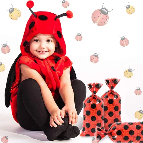 Vista 7 de Lecpeting 100 bolsas de golosinas de mariquita, bolsas de dulces de celofán con lunares rojos y negros, regalos de fiesta de mariquita con lazos