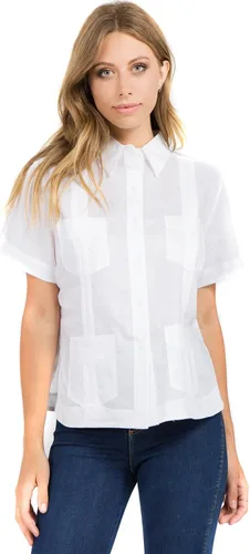 Vista 17 de Mojito Guayabera de manga corta 100% lino tradicional con cuatro bolsillos para mujer