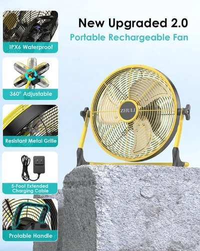Vista 5 de ZHULI Ventilador de piso portátil de 10 pulgadas, ventilador de campamento inalámbrico recargable, motor sin escobillas de alta velocidad, hoja