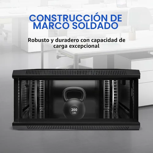 Vista 3 de Gabinete de Servidor de Montaje en Pared 6U Rack de Red IT Carcasa con Puerta de Vidrio con Cerradura Negro