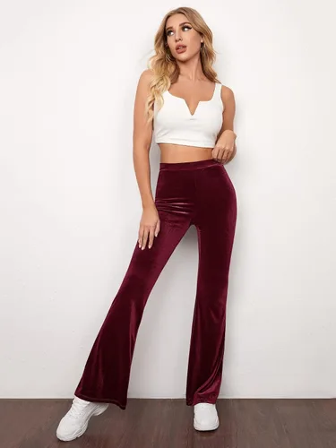 Vista 6 de Floerns Pantalones largos de terciopelo con pierna acampanada y cintura alta para mujer