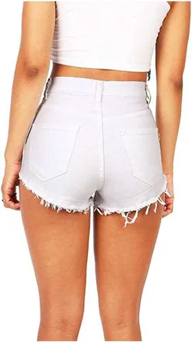 Vista 4 de Pantalones cortos de mezclilla de cintura alta para mujer, sexy, desgastados, para vacaciones, playa, pantalones cortos rasgados, con dobladillo sin