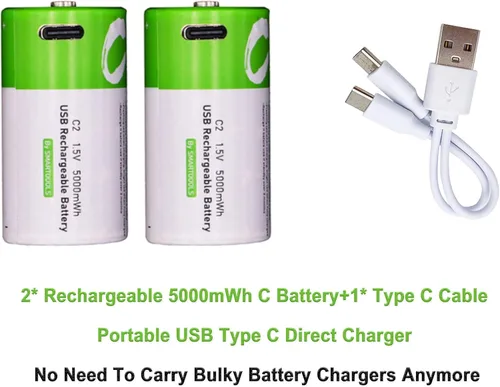 Vista 2 de Baterías C - Paquete de 2 baterías recargables C, batería de iones de litio de 5000 mWh, tamaño C, 1.5 V con cargador USB A a tipo C 2 en 1