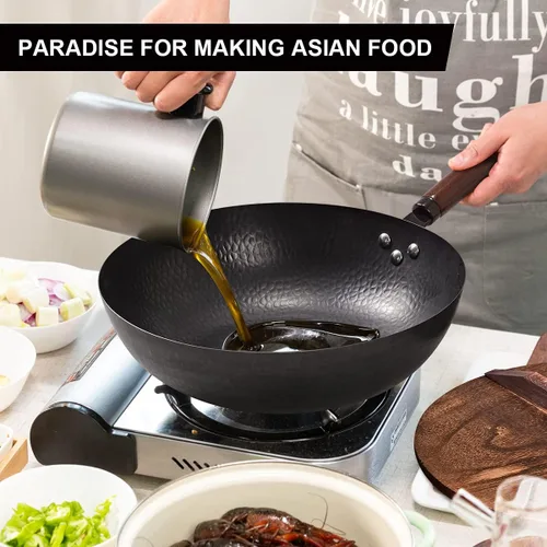 Vista 7 de Leidawn Wok de acero al carbono de 12.8 pulgadas, 11 piezas de wok y sartenes para freír con tapa, wok chino sin revestimiento químico con 10