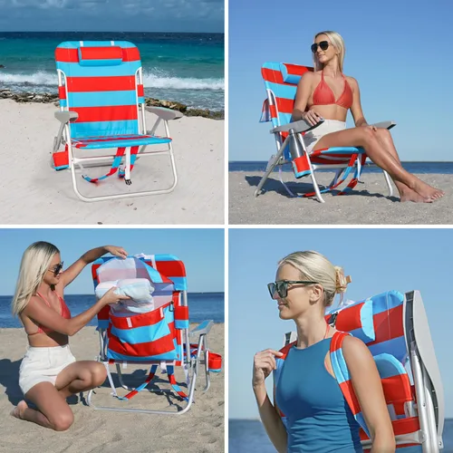 Vista 4 de Rio Beach - Paquete de 2 sillas de playa con almohada, brazos y bolsa de almacenamiento, silla de camping portátil ligera para exteriores con Azul
