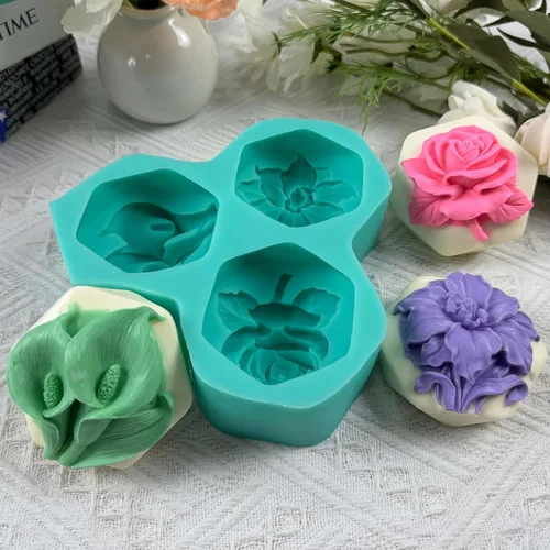 Vista 3 de Molde de jabón hexagonal para alivio de flores, 3 cavidades, molde de silicona para jabón natural, vela perfumada, cera de chocolate, mousse