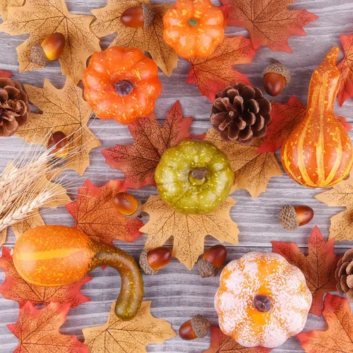 Vista 7 de FEPITO 56 piezas de conos de pino de calabazas de otoño para decoraciones Mini calabazas artificiales, conos de pino, hojas de otoño, bellotas
